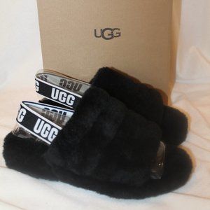 NIB UGG WOMEN'S FLUFF BLACK WHITE SLIPPER SANDALS